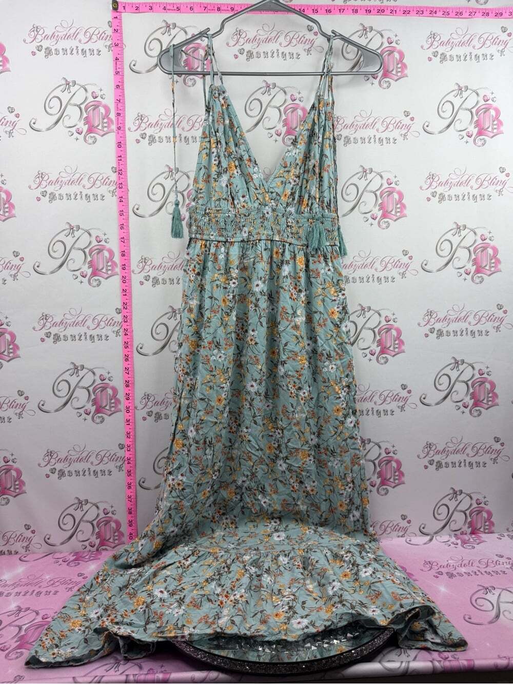Inspired Hearts dress long tie up hassle straps Sage Green Floral Maxi Dress
